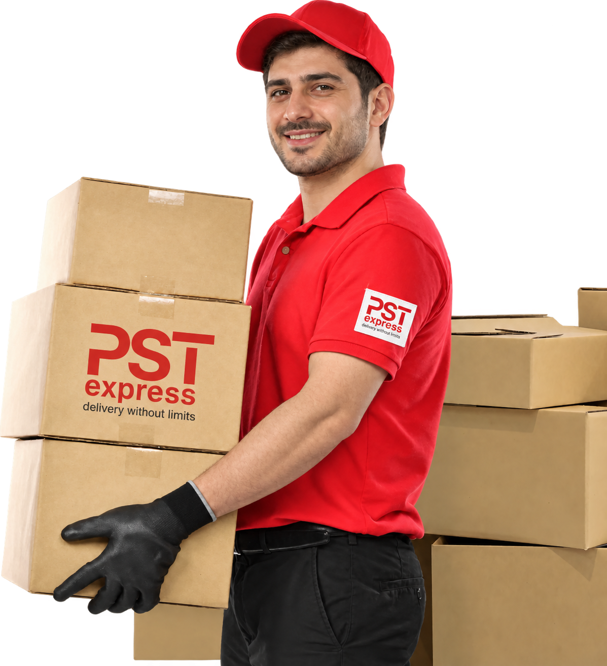 PST Express courier holding branded parcels